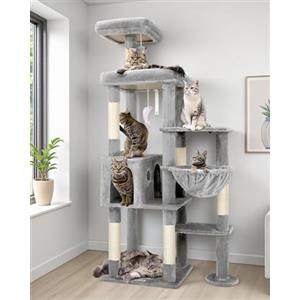Globlazer Tiragraffi per Gatti XL, Albero Gatti Grandi Alto 167 cm con Grande Piattaforma Imbottiti Trespoli Grotte Cesto, Torre del Gatto Stabile per 3-4 Grandi Gatto Adulti (F65B, Grigio Chiaro)