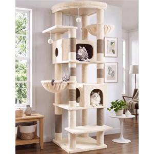 Globlazer Tiragraffi Beige Grandi Alto 188 cm con 2 Grotta, 2 Cesto, Piattaforma Imbottiti, Antiribaltamento Albero Tiragraffi per Gatti Adulti Morbido Peluche Facile da Pulire (S74, Beige)