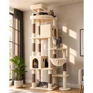 Globlazer Tiragraffi Beige XXL per Gatti Adulti Alto 213 cm con Grandi Piattaforma 55cm*45cm, 2 Grotta, Posatoi, Cesto, Albero Tiragraffi Stabile per Multipli Gatti Grandi Interno (F83, Beige)