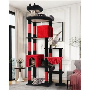 Globlazer Tiragraffi Gotico Nero Rosso XXL per Gatti Adulti Alto 213 cm con Grandi Piattaforma 55cm*45cm, 2 Grotta, Posatoi, Cesto, Albero Tiragraffi Stabile per Multipli Gatti Grandi (F83, Gotico)