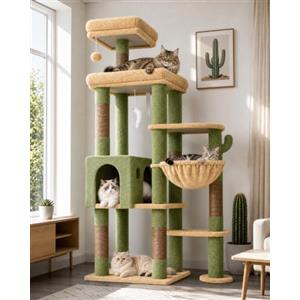 Globlazer Albero Tiragraffi Cactus Verde XL, Albero Gatti Grandi Alto 167 cm con Grande Piattaforma Imbottiti Trespoli Grotte Cesto, Torre del Gatto Stabile per 2-4 Grandi Gatti Adulti (F65B, Verde)