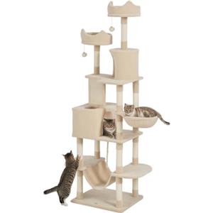 PawHut Tiragraffi per Gatti 206cm con 4 Pali Graffiatoi, Beige | Albero per Gatti, Grotte, Cesti, Amache, Palline, Piattaforme, Torre per 1-3 Gattini Fino a 6 kg, in Peluche