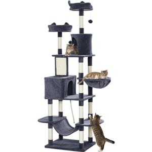 PawHut Tiragraffi per Gatti 206cm con 4 Pali Graffiatoi, Grigio Scuro | Albero per Gatti, Grotte, Cesti, Amache, Palline, Piattaforme, Torre per 1-3 Gattini Fino a 6 kg, in Peluche