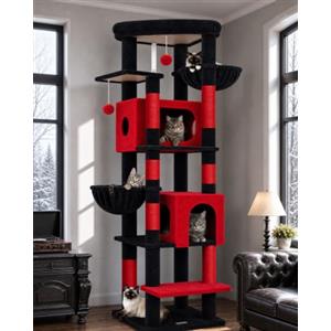 Globlazer Tiragraffi XXL Nero Rosso Grandi 188 cm con 2 Grotta 50 * 30 * 30CM, 2 Cesto, Piattaforma Imbottiti, Gotico Albero Tiragraffi per Gatti Adulti Peluche Facile da Pulire (S74, Nero Rosso)