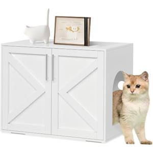 Garvee Mobile Copri Lettiera Per Gatti in Legno, Bianco | Lettiera nascosta con anta stile fienile, controllo odori e ventilazione - Tavolino laterale, box interno ampio
