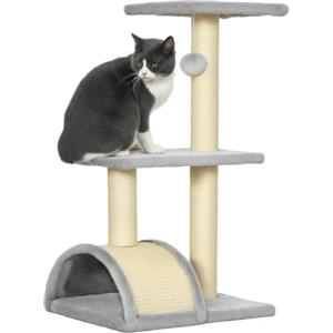 PawHut Albero Tiragraffi per Gatti a 3 Livelli 72 cm Grigio Chiaro | Tappetino Tiragraffi ad Arco, Albero per Gatti Multilivello, Trespolo, Pallina, in Legno, Peluche e Sisal