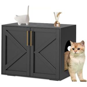 Garvee Mobile Copri Lettiera Per Gatti in Legno, Nero | Lettiera nascosta con anta stile fienile, controllo odori e ventilazione - Tavolino laterale, box interno ampio