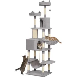PawHut Tiragraffi per Gatti 206cm con 4 Pali Graffiatoi, Grigio Chiaro | Albero per Gatti, Grotte, Cesti, Amache, Palline, Piattaforme, Torre per 1-3 Gattini Fino a 6 kg, in Peluche