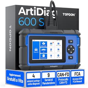 TOPDON ArtiDiag600S OBD2 Diagnostica Auto per Trasmissione Motore SRS ABS | 9 Funzioni di Ripristino Olio/Freno/SAS/BMS/ABS/DPF/TPMS/Acceleratore, Strumento Diagnostico,Aggiornamento 0 a vita