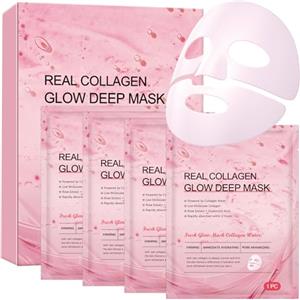 GlyndraPetal 4 Pezzi Maschera Collagene Viso - Maschere Viso Coreane Skincare, Maschere per il Viso Idratante al Collagene Face Mask per Donna, Minimizzante dei Pori, Antietà e Ringiovanente