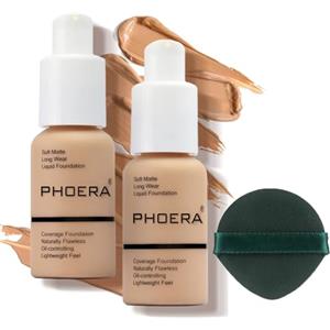 Anglicolor PHOERA Fondotinta Alta Coprenza 2 Pezzi Finish Opaco Lunga Durata 30ml×2 | Fondotinta liquido alta coprenza con finish opaco naturale,controllo sebo,lunga durata e texture leggera