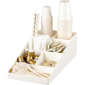 Baroni Home Organizer da caffetteria in Plastica Resistente 7 Scomparti, per Bicchierini, Posate, Zucchero, Cucchiaini, Cannucce e Bicchieri, Funzionale e Facile da Pulire, 38x20x12 cm, Bianco