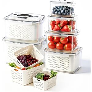 AONAT Contenitori Frutta e Verdura 6 Pezzi,Contenitori Ermetici con Coperchio e Scolapasta,Organizer Frigorifero Impilabile Senza BPA, Scatole Alimentari con Manico e Scomparti,Ideale per Frigo e Meal Prep