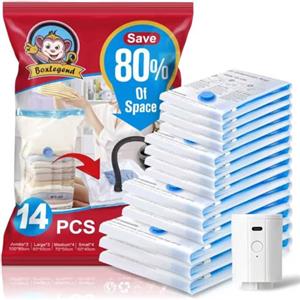 BoxLegend 14 Pezzi Sacchetti Sottovuoto con Pompa Elettrica USB - 3XL(100x80cm), 3L(80x60cm), 4M(70x50cm), 4S(60x40cm) - Spessi, Riutilizzabili, Impermeabili per Vestiti, Coperte, Lenzuola e Piumoni
