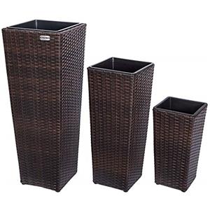 CASARIA Deuba CASARIA® Set di 3 Vasi da Fiori in Polyrattan Intrecciato con Sottovaso e Foro Deflusso Acqua Richiudibile Vaso per Piante Effetto Rattan da Esterno Giardino Fioriere Fioriera