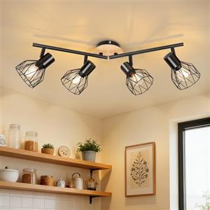 Dehobo E14 Faretti da Soffitto 4 Luci, Legno Orientabili Faretti Soffitto | Industriale Vintage Nero Modello Lampada da Soffitto Faretto da Parete Interno Senza Lampadina per Soggiorno Camera da Letto