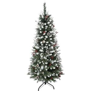 HOMCOM Albero di Natale Innevato Artificiale 150cm Base Rimovibile 408 Rami | Bacche Rosse e Pigne Bianche, Pieghevole