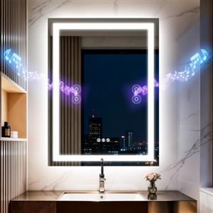 Olyvren Specchio da bagno a LED, altoparlante Bluetooth 3 Colori, 60x80 cm | Anti-appannamento, 3 temperature di colore, luminosità dimmerabile, funzione memoria, impermeabile, supporto da parete