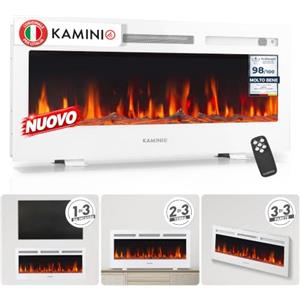 KAMINIO® Marlon PRO 42 Camino elettrico da incasso, parete o appoggio | 3 in 1 caminetto elettrico decorativo, termocamino con effetto fuoco LED in 12 colori, termostato e telecomando, bianco