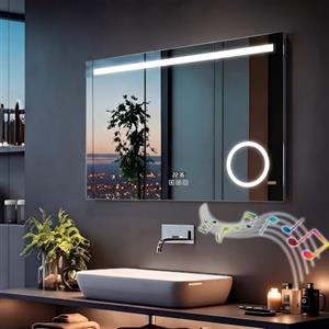 MIQU Specchio da bagno a LED con illuminazione, 120 x 80 cm, specchio da bagno, grande con presa di corrente, orologio Bluetooth Touch, dimmerabile, caldo/bianco, senza appannamento, ingrandimento
