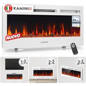 KAMINIO® Marlon PRO 36 Camino elettrico da incasso, parete o appoggio | 3 in 1 caminetto elettrico decorativo, termocamino con effetto fuoco LED in 12 colori, termostato e telecomando, bianco