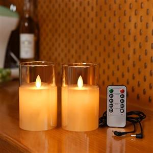 Lonkenn 2 pezzi Candele LED Ricaricabili, Fiamma Tremolante Candela LED con Marrone Vetro, Ricaricabili Candela con Telecomando e Timer per Natale Feste Decorazione Casa Matrimonio -15cm