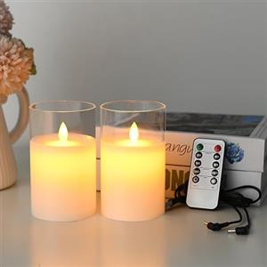 Lonkenn 2 pezzi Candele LED Ricaricabili, Fiamma Tremolante Candela LED con Bianco Vetro, Ricaricabili Candela con Telecomando e Timer per Natale Feste Decorazione Casa Matrimonio -10cm