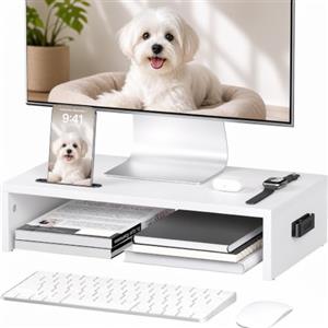 BONTEC Supporto per monitor con supporto per cellulare e gestione dei cavi, supporto per monitor in legno da 16,7 pollici, supporto da scrivania per PC/TV/laptop/stampante, bianco