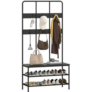 HOMCOM Appendiabiti da Ingresso 3 in 1 con Scarpiera 91x36x180 cm Nero | Attaccapanni Stile Industriale con Panca, 6 Ganci, 2 Ripiani Porta Scarpe