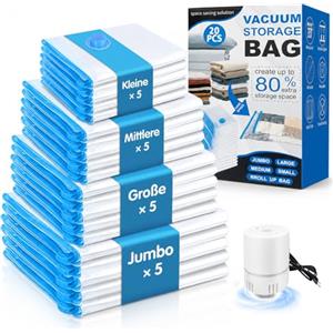 CUBTEM 20 Pezzi Sacchetti Sottovuoto Vestiti, Buste Sottovuoto Vestiti Piumoni 5 Misure con Pompa Elettrica, Sacchi Sottovuoto Piumoni, Riutilizzabili Risparmio 80% Spazio per Casa, Viaggio