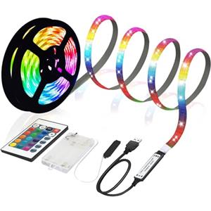 MUSUNIA Striscia LED a batteria - 3 m RGB 5050 Striscia LED alimentata a batteria o USB, dimmerabile tramite telecomando 16 colori, può essere tagliata per decorazione retroilluminazione TV, armadi