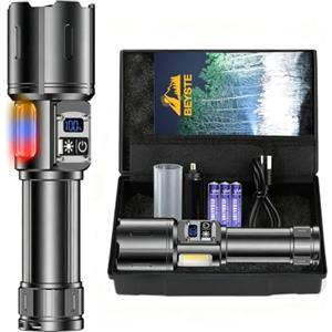 BEYSTE Torcia LED Potente Professionale 1000000 Lumens, COB Laterale, Zoom | Regolazione Continua, 8 Modalità Fisse, Ricaricabile USB C, Display LCD, Alluminio, Per Campeggio Trekking Emergenza Esterno