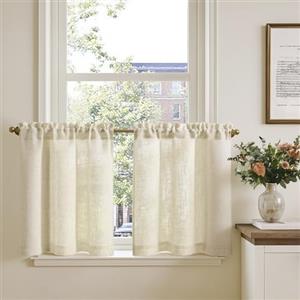TOPICK Tendine per finestre in lino 65L x 60A cm, colore naturale 2 pezzi | Tende cucina tenda da bistrot in lino semitrasparenti, per soggiorno, casa di campagna, piccole finestre