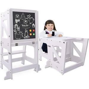YOLEO Torre Montessoriana Bambini, 3 in 1 Torre Montessoriana Pieghevole, Multifunzionale Learning Tower, Set tavolo e sedia trasformabili con Lavagna Magnetica Bifacciale