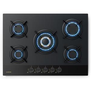 KLARSTEIN Goldflame Nano - Piano Cottura a Gas, 5 Bruciatori in Ottone, 70 cm, Vetro Nano, 10,4 kW, Bruciatore Wok, Accensione Automatica & Protezione Fiamma, Convertibile GN/GPL, Manopole in Metallo