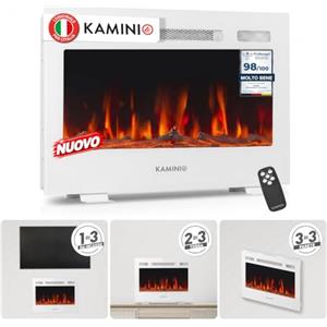 KAMINIO® Marlon PRO 30 Camino elettrico da incasso, parete o appoggio | 3 in 1 caminetto elettrico da interno, termocamino con effetto fuoco LED in 12 colori, timer, termostato, telecomando, bianco