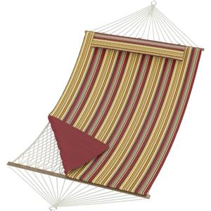 Garvee Amaca da Giardino Matrimoniale, 350 cm Amaca Doppia Imbottita per 2 Persone, Max 204kg, con Bastone in Legno e Cuscino Rimovibile, Tasche Laterali, Relax in Cortile e Terrazzo, Strisce Rosse e Gialle