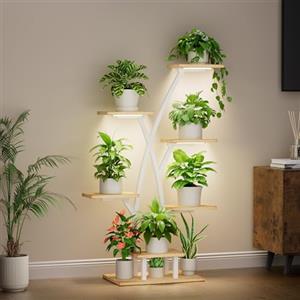 BACEKOLL Supporto per piante con luce di crescita, 7 livelli, 105 cm, in metallo e legno, per interni ed esterni, per interni, giardino, balcone (bianco)