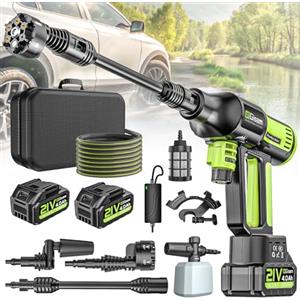 highsam Idropulitrice a batteria, ad alta pressione, 4 marce, 120 bar, portatile 2 x 4,0 Ah, ugello girevole 6 in 1 e 180°, spruzzatore schiuma, tubo 5 m, irrigazione