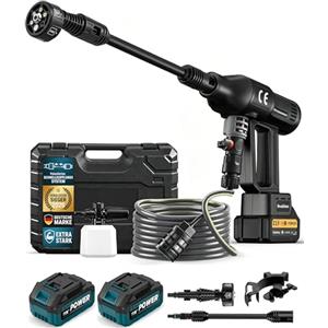 Purova Idropulitrice a Batteria 120 Bar Max, Brushless 1500W, 2x Batterie 4,0Ah | 4 Livelli di Pressione e Display LCD, 600L/h, Ugello 6 in 1 e Tubo da 5 M, per Auto, Terrazza - Nero