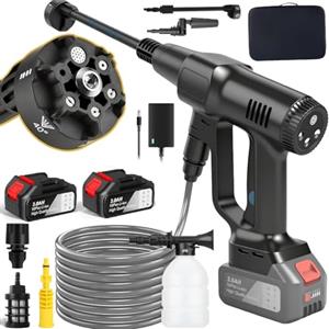 Purova Idropulitrice a Batteria 100 Bar, Motore Brushless 1000W, 6,0 Ah Batteria | Ugello 6 in 1, 3 Livelli di Pressione 60/80/100 Bar, Display LCD e Tubo da 5 m per Auto, Giardino e Terrazza.