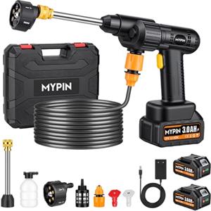 MYPIN Idropulitrice a Batteria, 600 PSI, 21V, 2 Batteries Ricaricabili | Idropulitrice Portatile Senza Fili, Ugello 6 in 1 con Getto Concentrato per Pulizia Auto, Pavimenti, Pareti, Recinzioni