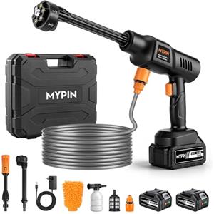 MYPIN Idropulitrice a Batteria, 600 PSI 21 V con 2 Batterie Ricaricabili | Idropulitrice Portatile Senza Fili, Ugello 6 in 1, per Auto, Pavimenti, Pareti e Recinzioni