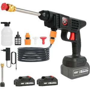 Purova Idropulitrice a Batteria 21V, Pressione max 35 Bar, Con 2 Batterie 2.0Ah | Portata 180 l/h, Ugelli da 0° e 40°, Serbatoio detergente, Tubo da 5 m per Lavare Auto, Prato e Superfici Esterne