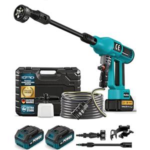 Purova Idropulitrice a Batteria 120 Bar Max, Brushless 1500W, 2x Batterie 4,0Ah | 4 Livelli di Pressione e Display LCD, 600L/h, Ugello 6 in 1 e Tubo da 5 M, per Auto, Terrazza - Blu