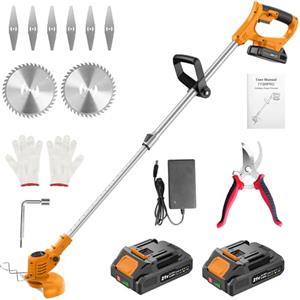 JYGMPRO Decespugliatore a Batteria 21 V, Tagliabordi con 2 Batterie da 2 Ah | Motore elettrico da 400 W, 11.000 giri/min, testina a 90°, asta regolabile 85-120 cm e 2 tipi di lame per erba e arbusti