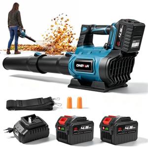 ONEVAN 209KM/H Soffiatore foglie senza fili 2 batterie 4,5Ah display LCD | Modalità 6 velocità, Include tracolla, pressione vento massima 1,82kg, per la cura prato e delle foglie, rimozione della neve