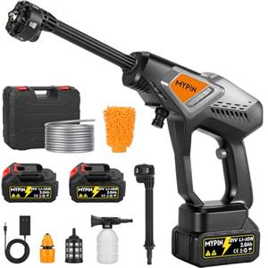 MYPIN Idropulitrice a Batteria, 600 PSI 21V, 2 Batterie Ricaricabile, Ugello 6in1 | Idropulitrice Portatile per la Pulizia di Auto, Pavimenti, Pareti e Recinzioni