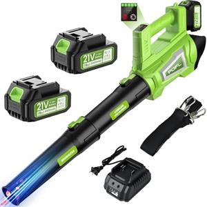 POIFL Soffiatore a Batteria, 6 Velocità 240+ km/h Soffiatore Elettrico 2 Batteria 21V 4.0Ah, 1,6m Cinghia Regolabile & Caricabatterie Rapido,Soffiatore Foglie da Giardino per Foglie Cadute