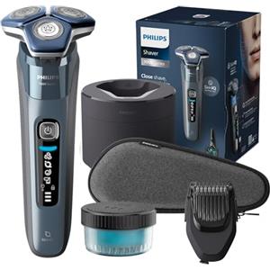 Philips S7000 - Rasoio elettrico Wet & Dry in blu ghiaccio con 1 rifinitore a scomparsa, regolabarba, custodia da viaggio, Quick Clean Pod e supporto di ricarica (modello S7882/54)